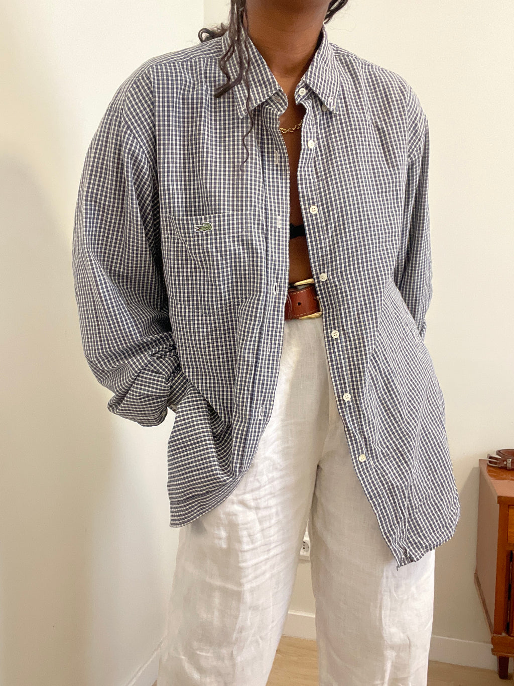 Camisa Vintage Lacoste Gingham – Azul e Branco (Com Bolso)