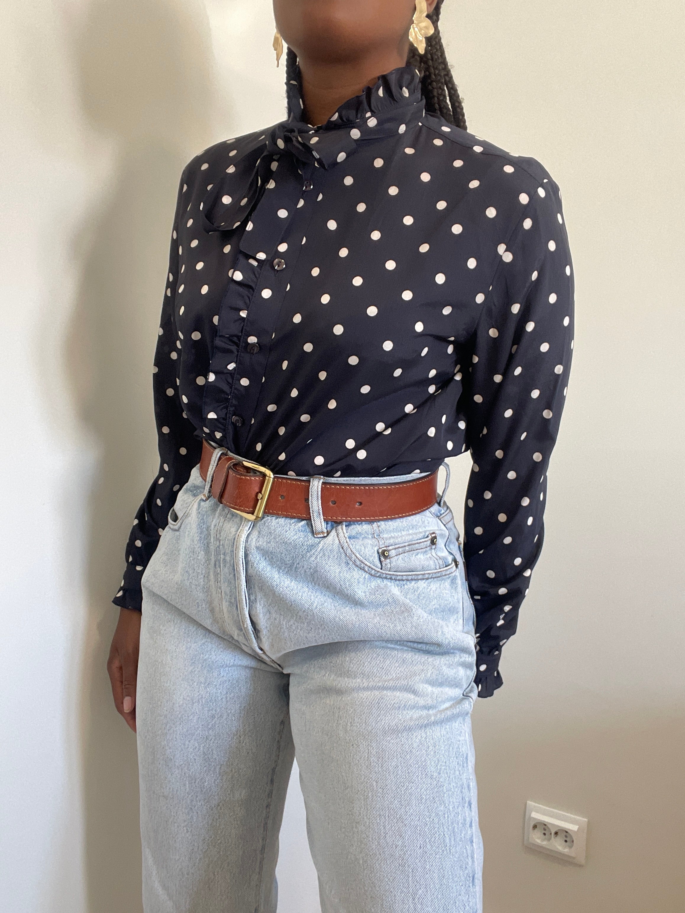 Camisa vintage navy polka dots
