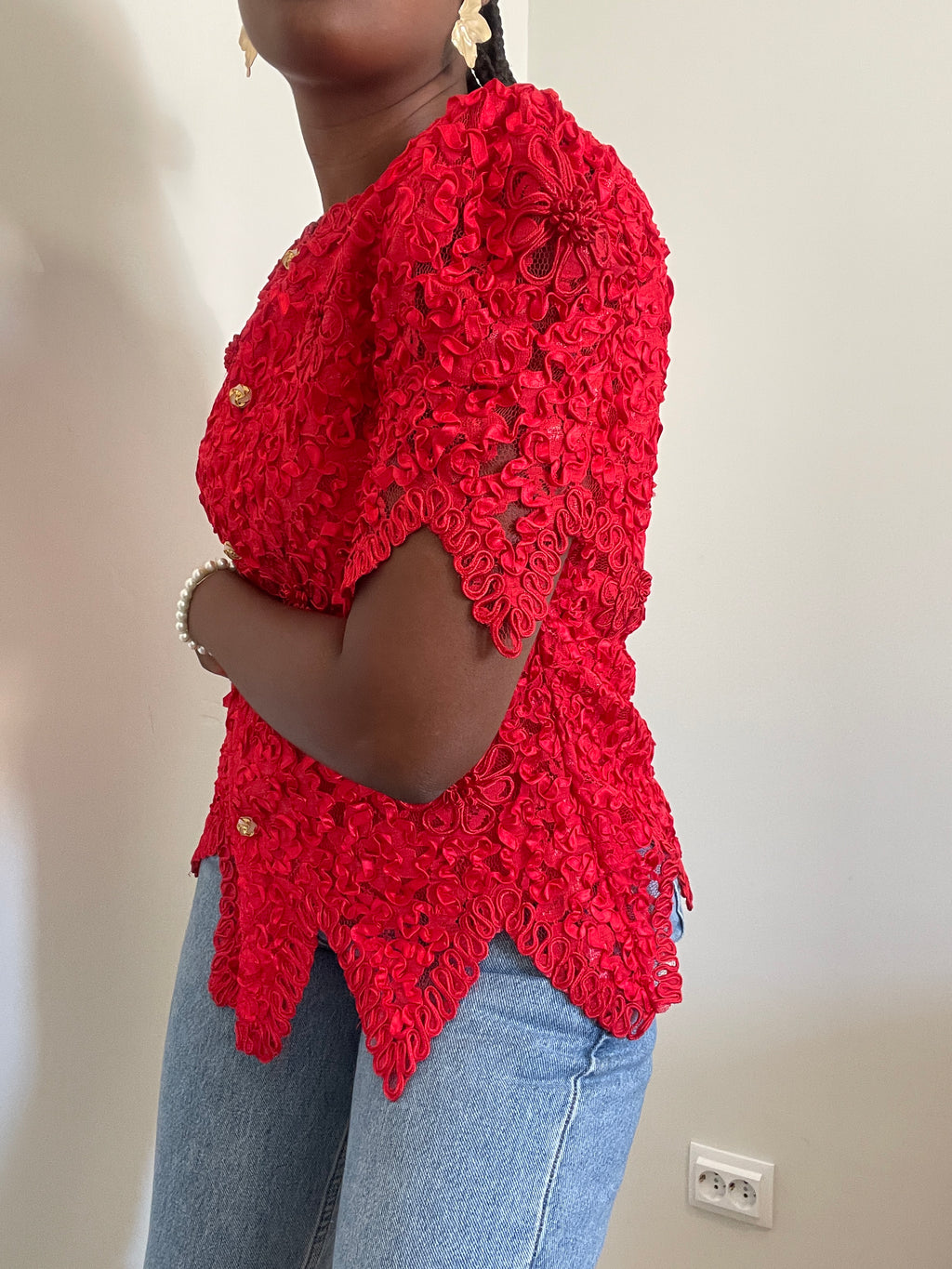 Casaco vintage curto vermelho renda