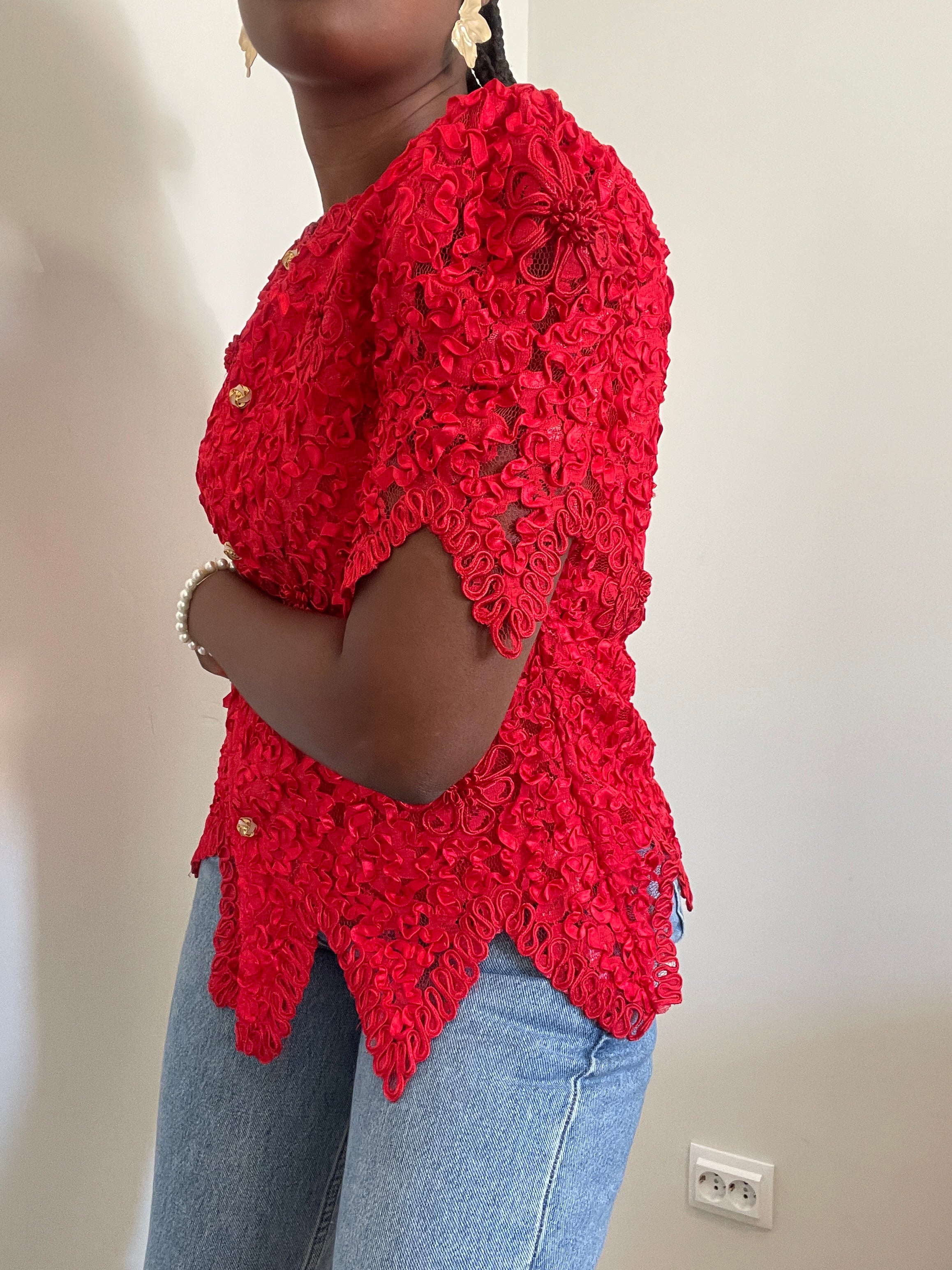Casaco vintage curto vermelho renda