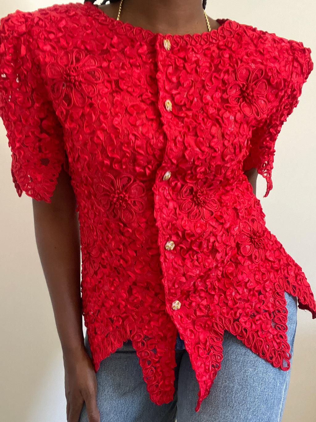Casaco vintage curto vermelho renda