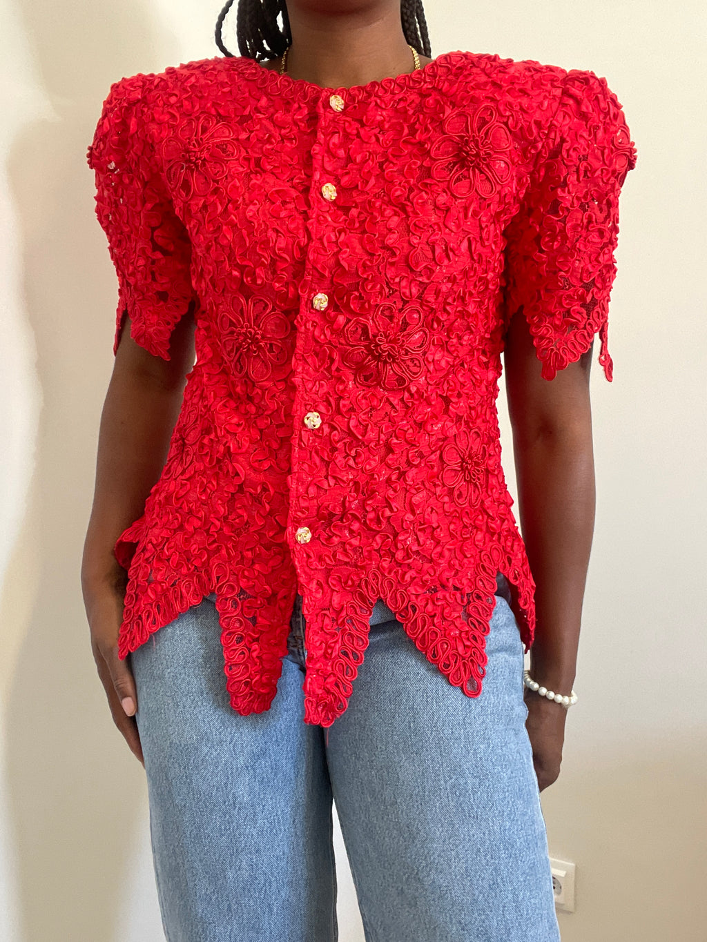 Casaco vintage curto vermelho renda