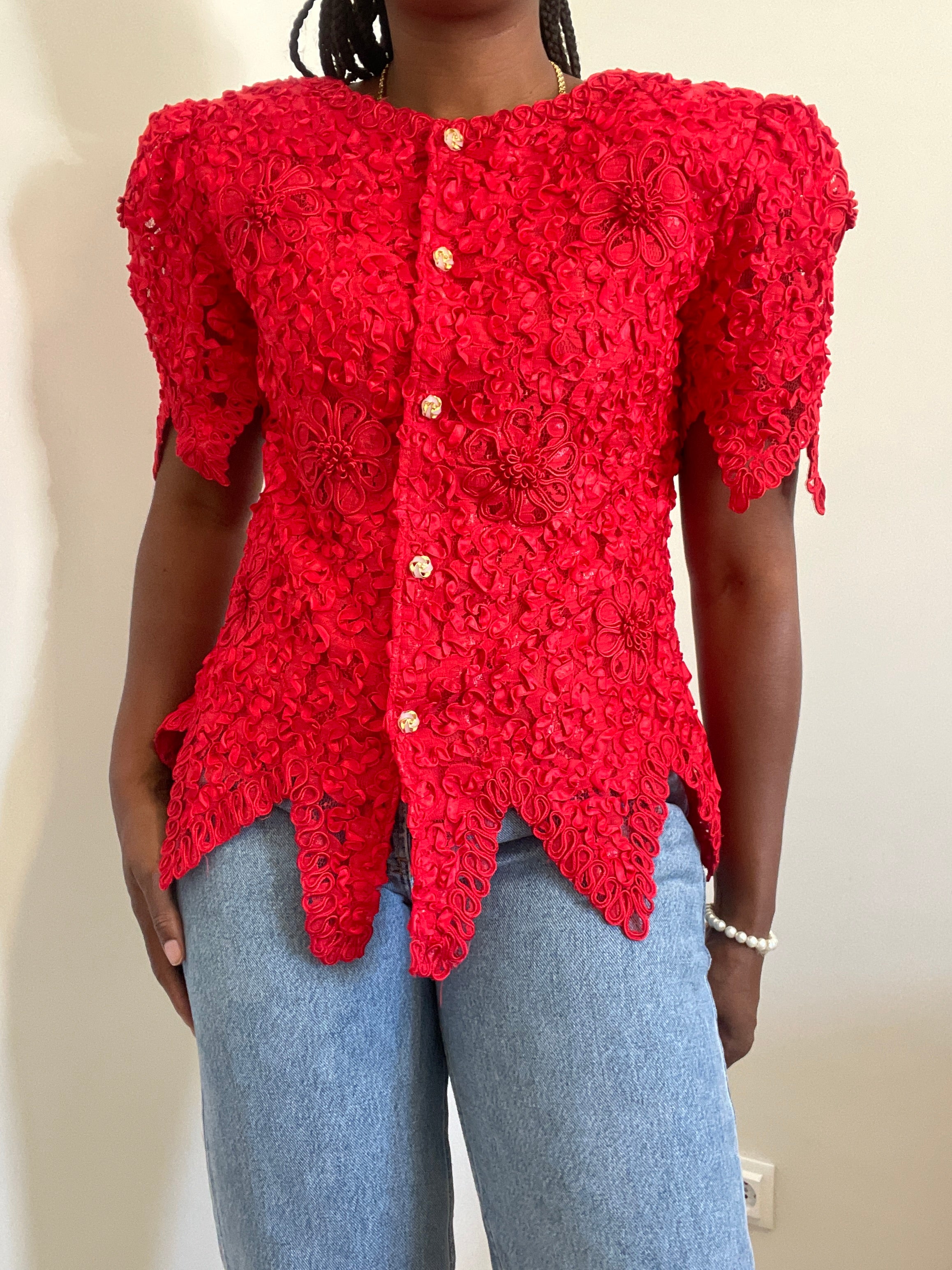 Casaco vintage curto vermelho renda