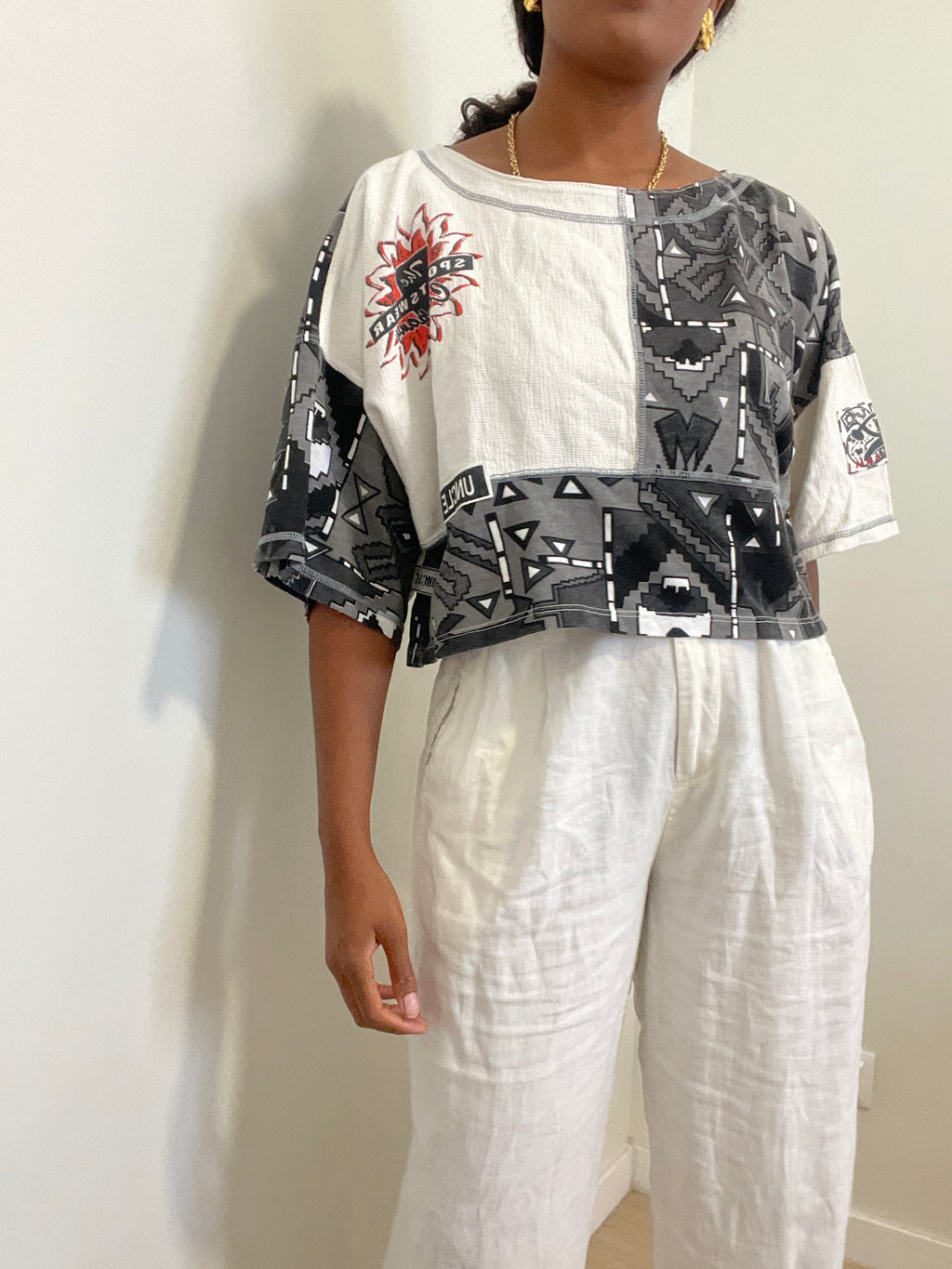 T-shirt Crop Vintage Uncle Sam – Estampa Abstrata & Patchwork