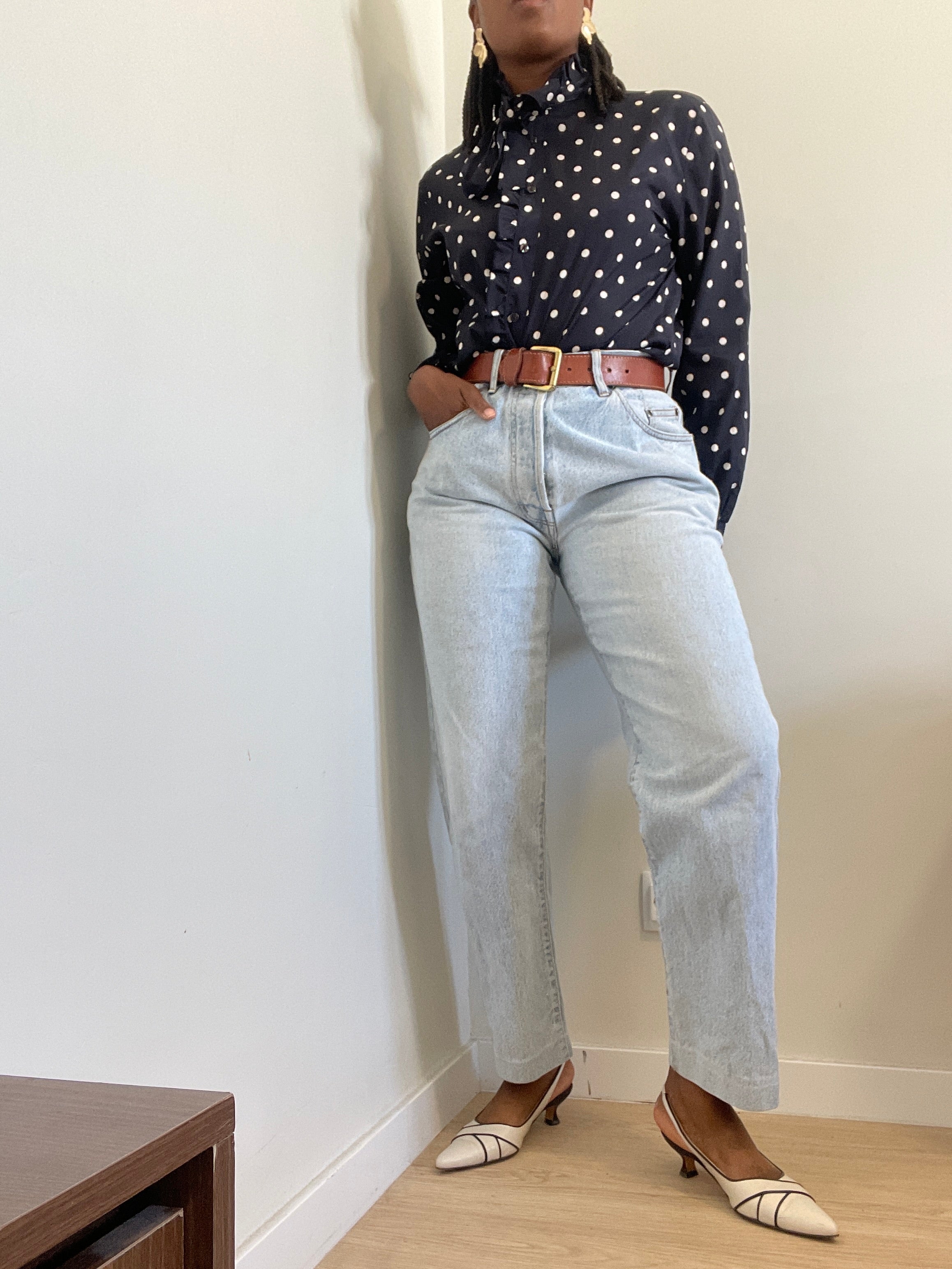 Camisa vintage navy polka dots
