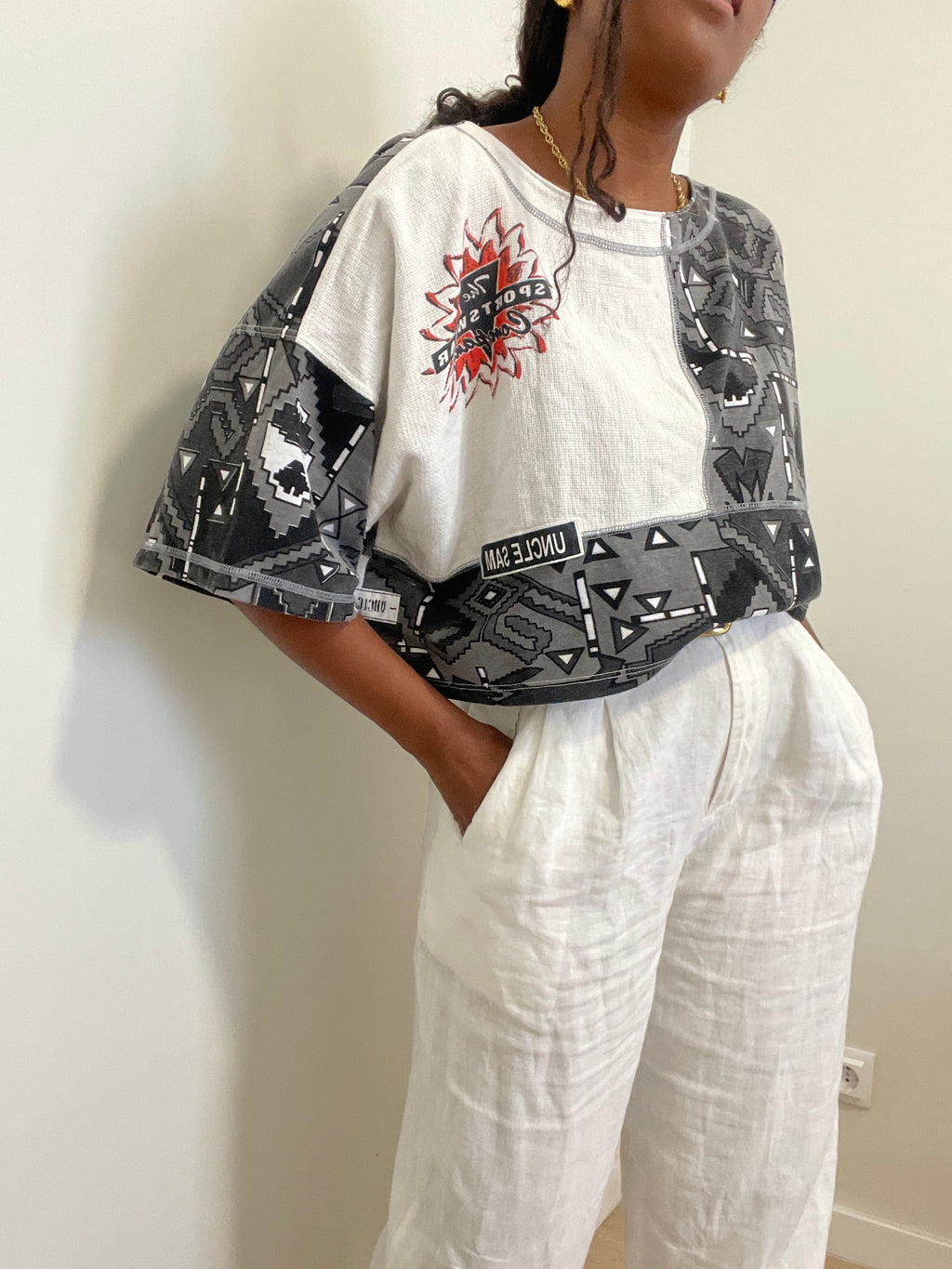 T-shirt Crop Vintage Uncle Sam – Estampa Abstrata & Patchwork