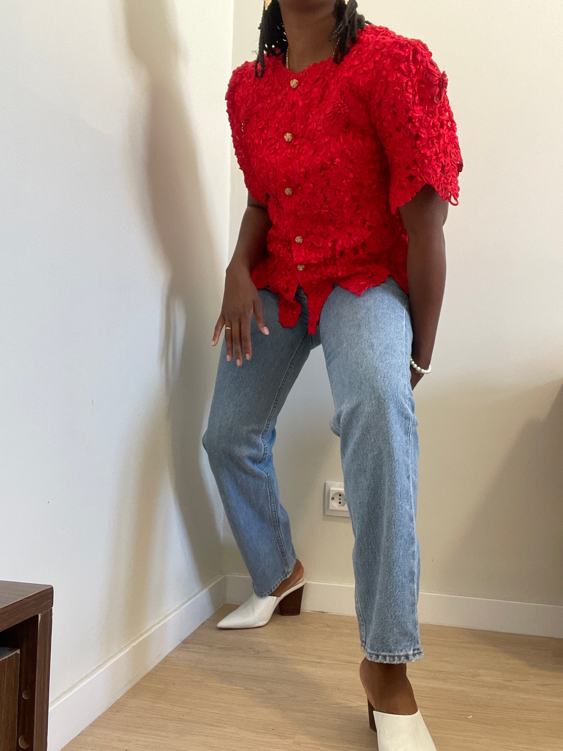 Casaco vintage curto vermelho renda