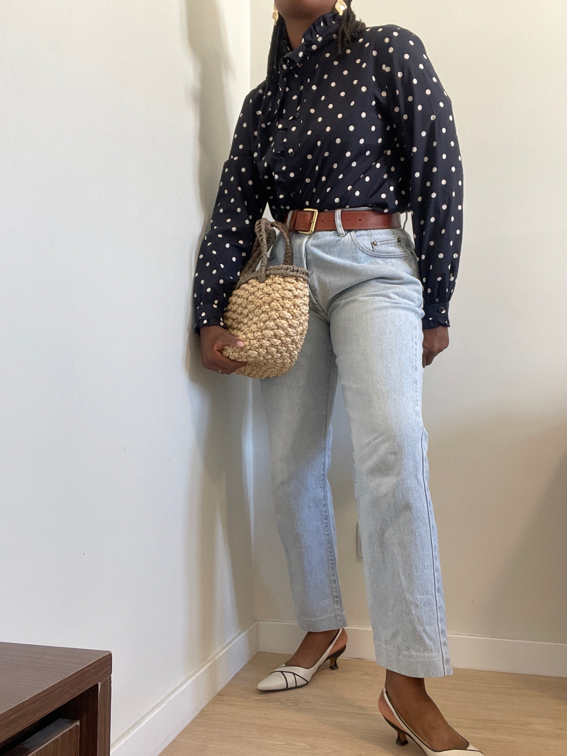 Camisa vintage navy polka dots
