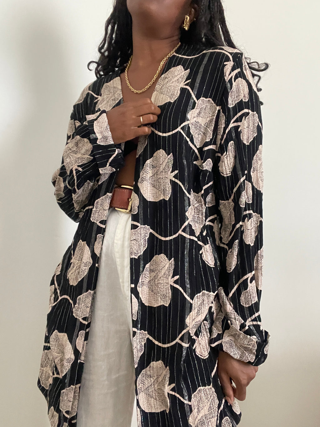 Quimono Vintage Longo Transparente com Estampa Floral e Listras